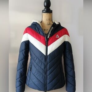 Reebok Sherpa Fur Hood Quilted Puffer Jacket - Chevron Red White & Navy Blue